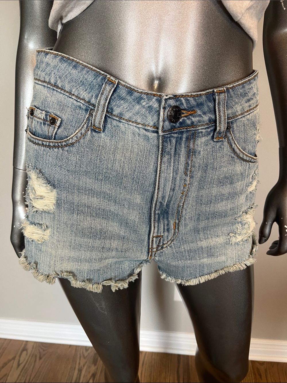 BDG High Rise Dree Cheeky Blue Distressed Denim Jean Shorts